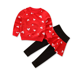 Little Girls Clothing Set Outfit Red Heart Print Sweatshirt Top + Long Pantskirts 2pcs Baby Pant Set for Toddlers and Kids