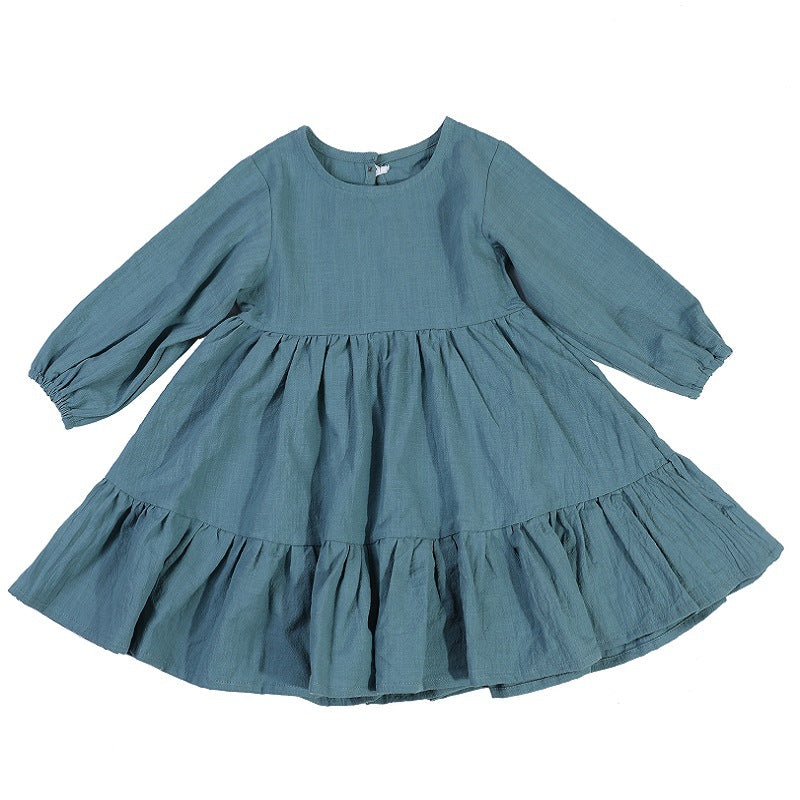 Long Sleeve Solid Color Blue Casual Dresses Girls Fall Winter Outfit Clothes