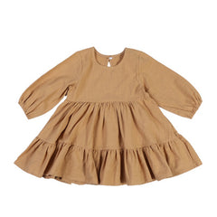 Long Sleeve Solid Color Brown Casual Dresses Girls Fall Winter Outfit Clothes