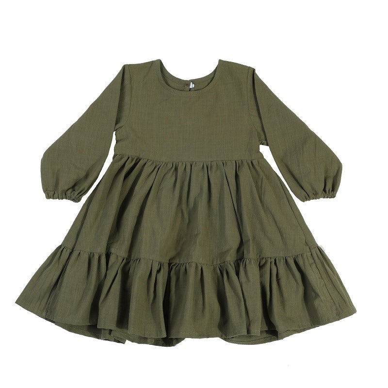 Long Sleeve Solid Color Green Casual Dresses Girls Fall Winter Outfit Clothes