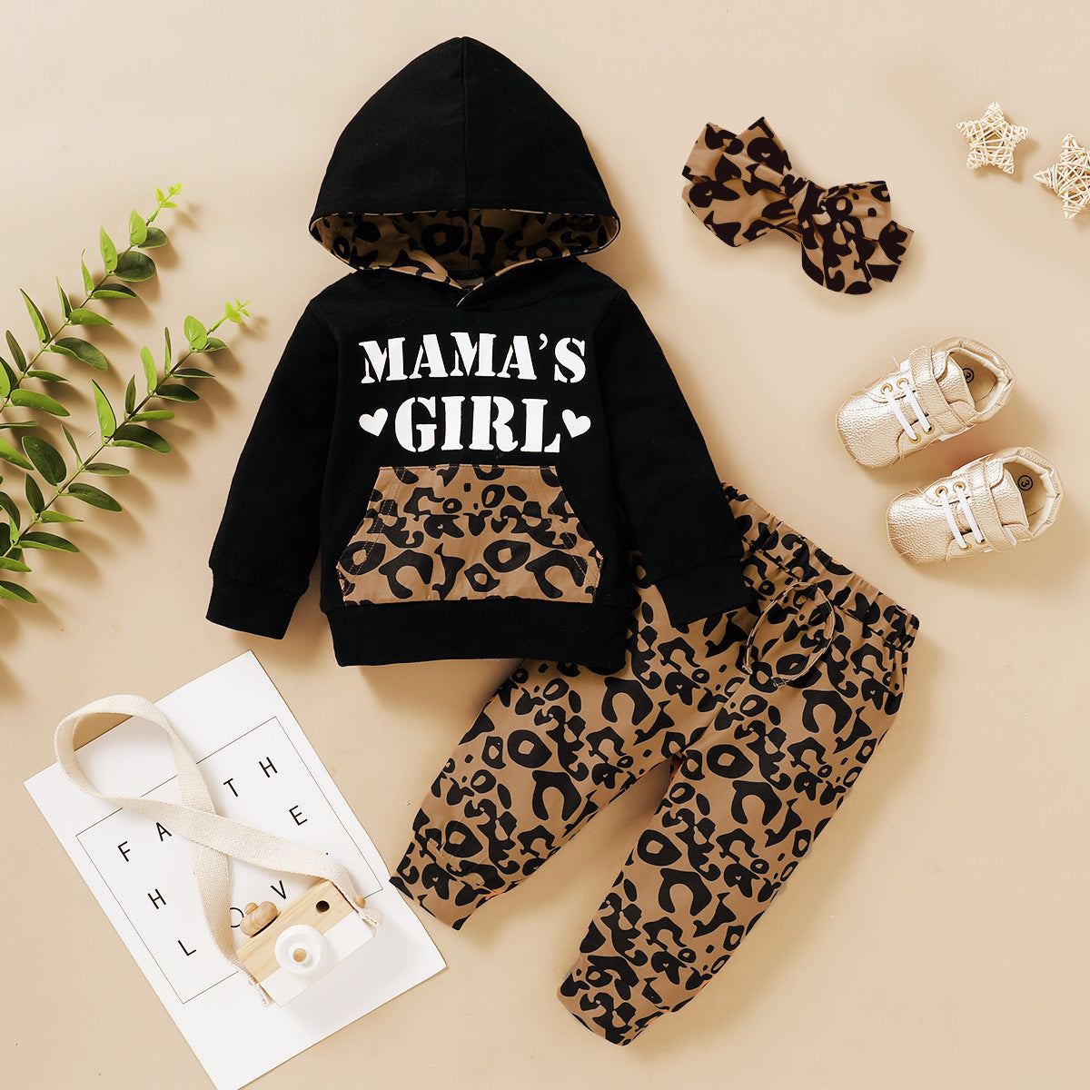 Newborn Baby Girl Clothes Outfits Infant Hoodie Sweatshirt Pants Headband Toddler Girl Mama's Girl Letter Leopard Clothing Set