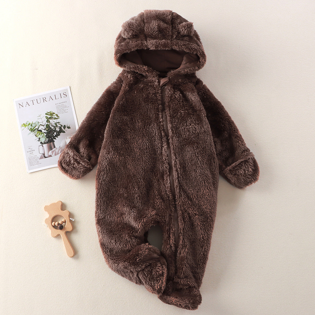 Newborn Baby Jumpsuit Hooded Fleece Rompers Long Sleeve  Brown Onesies Outwear Outfits
