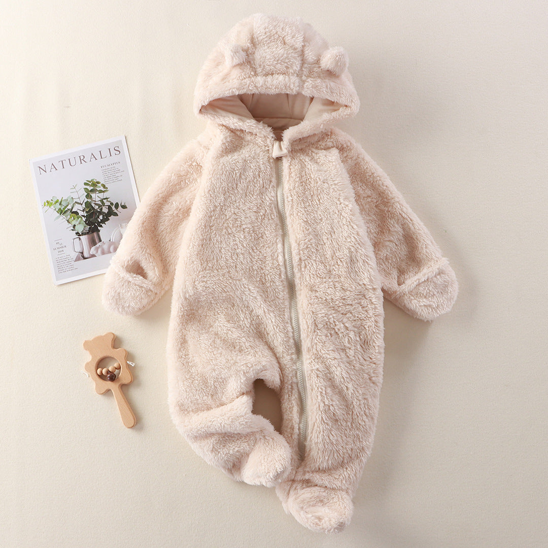 Newborn Baby Jumpsuit Hooded Fleece Rompers Long Sleeve Cream Onesies Outwear Outfits
