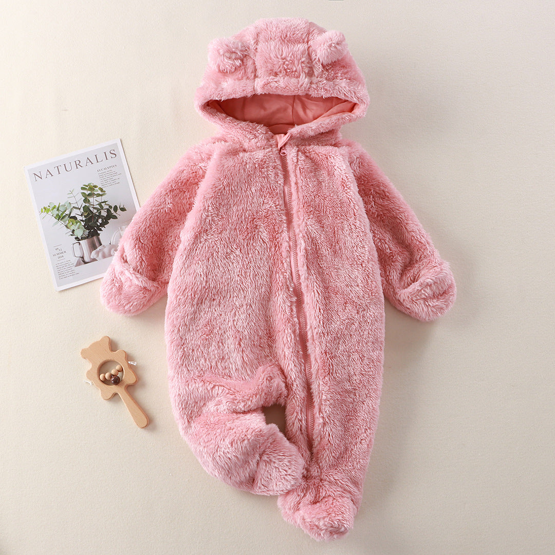 Newborn Baby Jumpsuit Hooded Fleece Rompers Long Sleeve Light Pink Onesies Outwear Outfits