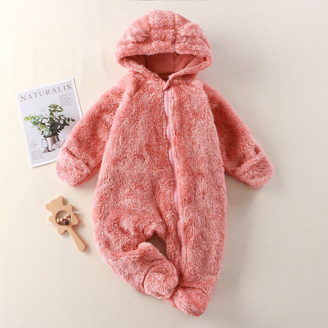 Newborn Baby Jumpsuit Hooded Fleece Rompers Long Sleeve Pink Onesies Outwear Outfits