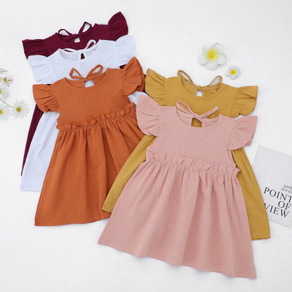 Ruffle Fly Sleeve Cotton Linen  Kids Dress Daily Wear Girls Dresses