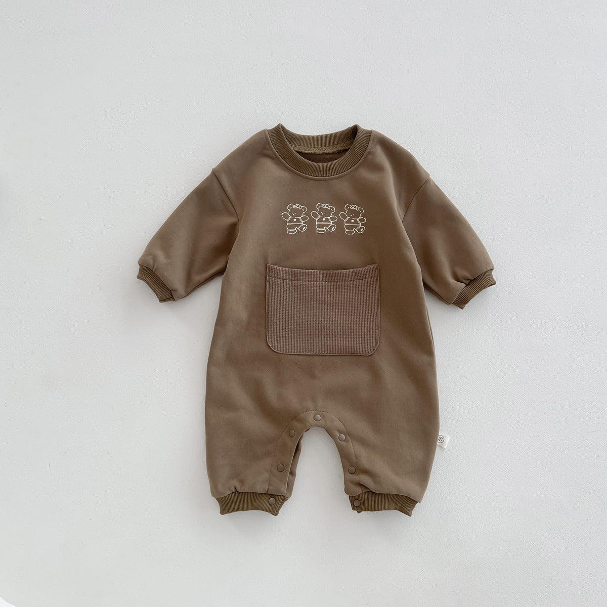 Cartoon Bear Print Baby Big Pocket Romper Autumn Long Sleeve Clothes For Boys And Girls