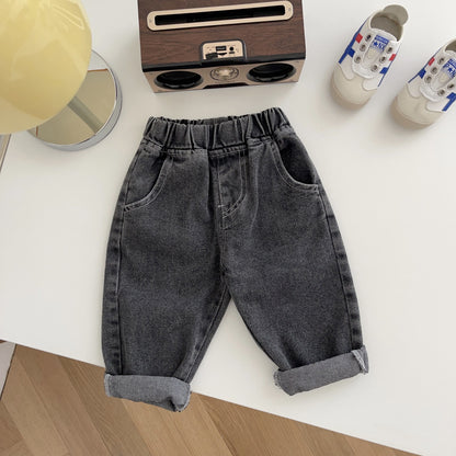 Toddler Kid Boy Elastic Mid Waist Washed Full Length Straight Pants Denim Jeans