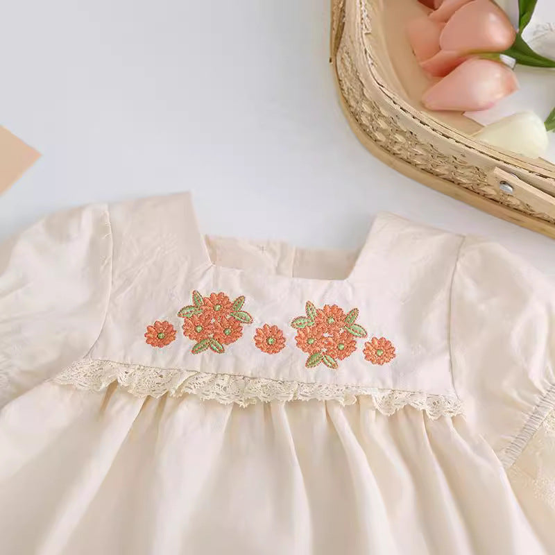 Baby Girl And Toddler Short-Sleeved Tops And Pants Embroidered Suit