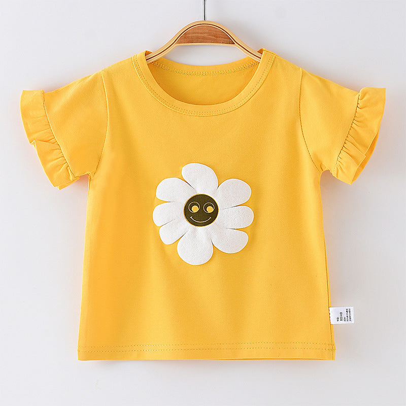 Girls' Pure Cotton Flower T-Shirt Bottoming Shirt Half-Sleeved Top