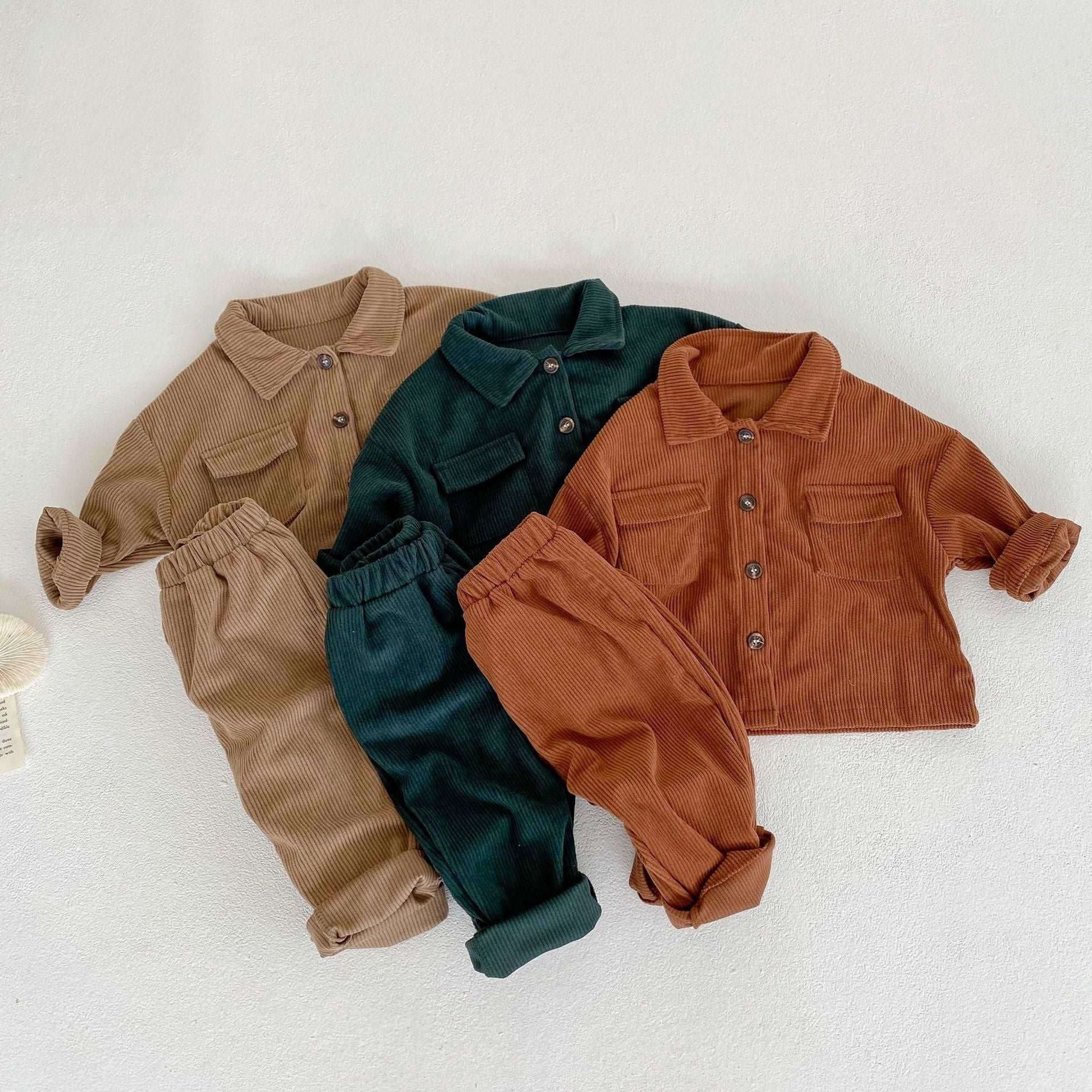 Baby Boys and Girls Lapel Cardigan Jacket + Corduroy Pants 2 Piece Sets