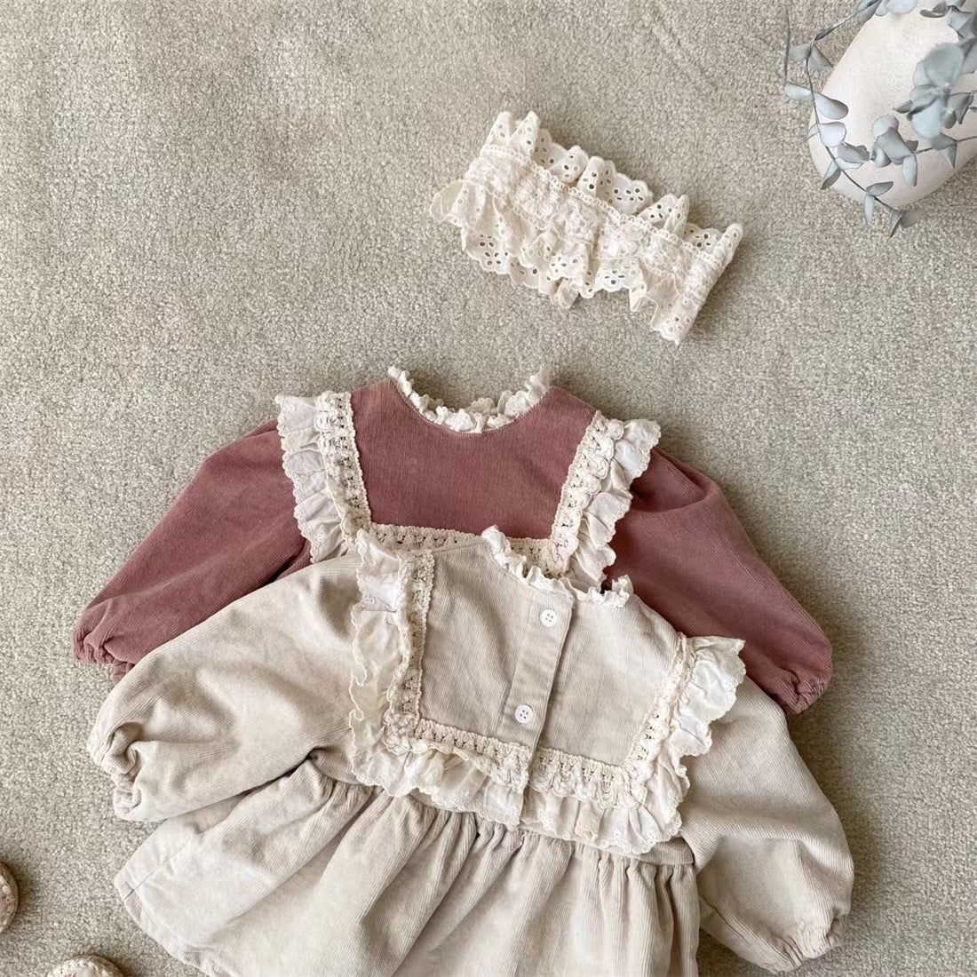 Chemise de poupée en dentelle brodée en velours côtelé pour bébé fille, ensemble de grands shorts PP Bummies