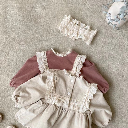 Baby Girl Corduroy Embroidered Lace Doll Shirt Big PP Bummies Shorts Set