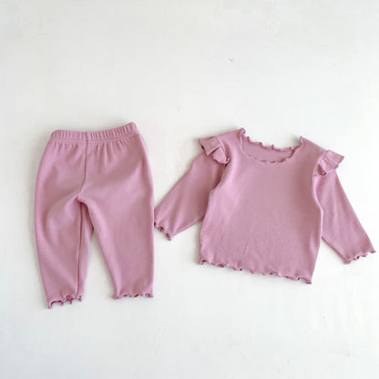 Doux petit haut à manches volantes pantalon bébé fille élastique confortable pyjama en coton