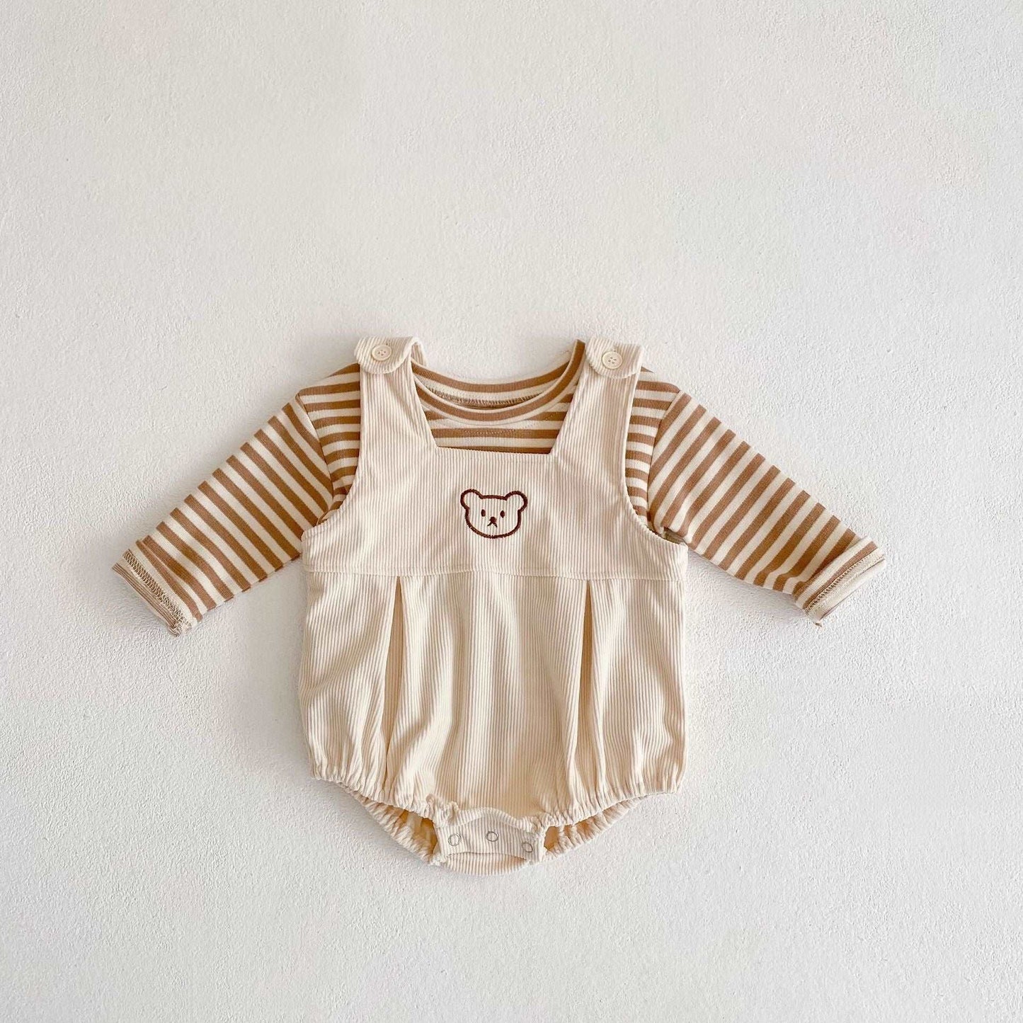 Baby Boy Girl's Bear Embroidered Romper + Striped Top 2 Piece Sets