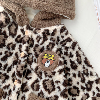 Unisex Baby Sherpa Hooded Romper Leopard Print Pocket Jumpsuit