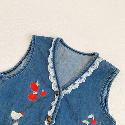 Girls Embroidered Retro Denim All-Match Tops Vest