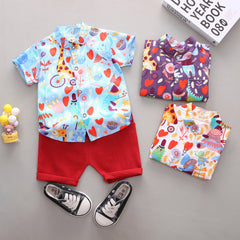 Printed Giraffe Cartoon Shirt Short Sleeve Shorts Boys 2-Piece Set