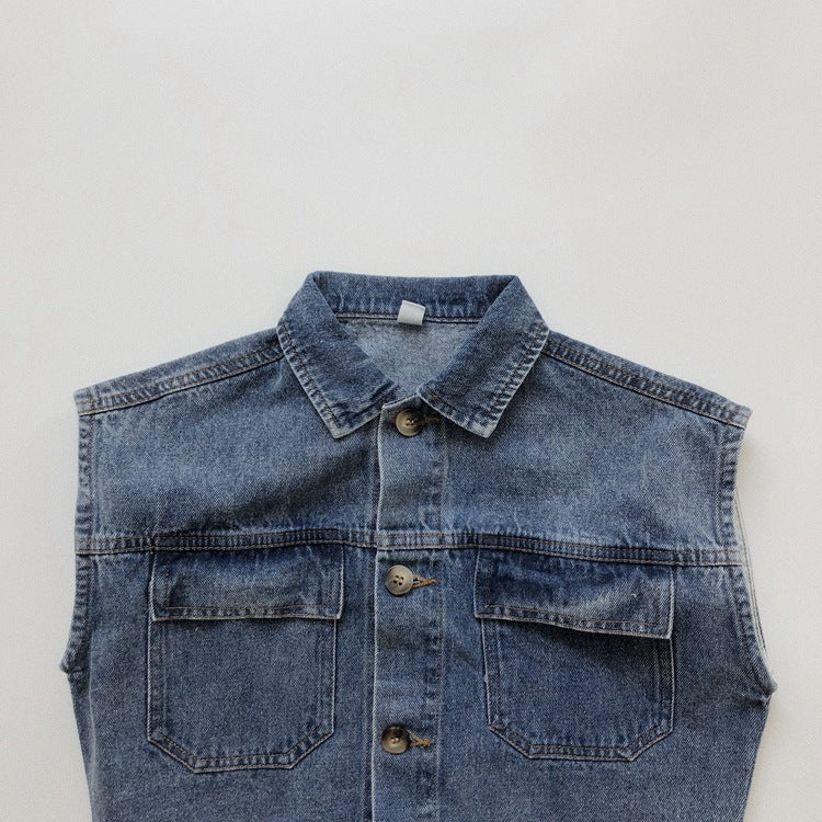 Boys Girls Western Denim Vest Retro Fashion Pocket Vest