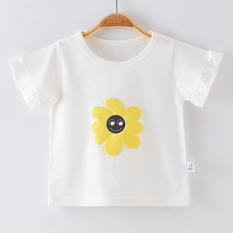 Girls' Pure Cotton Flower T-Shirt Bottoming Shirt Half-Sleeved Top