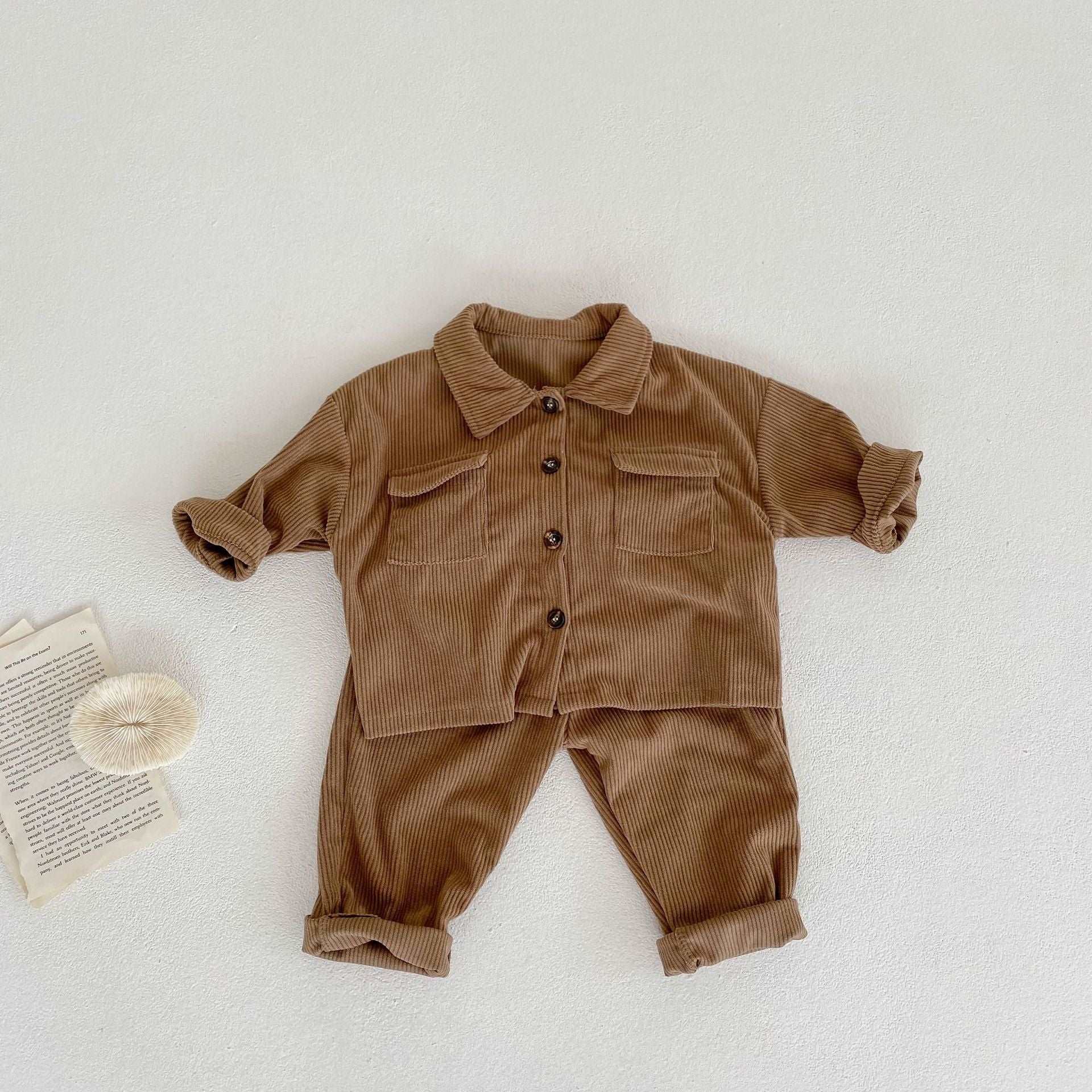 Baby Boys and Girls Lapel Cardigan Jacket + Corduroy Pants 2 Piece Sets