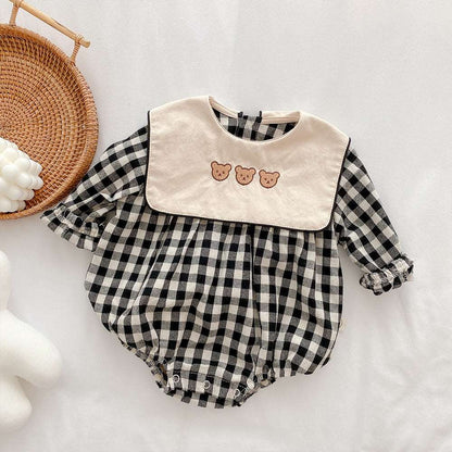 3 little bears embroidered plaid baby romper