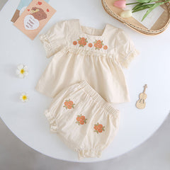 Baby Girl And Toddler Short-Sleeved Tops And Pants Embroidered Suit