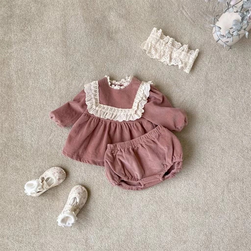 Chemise de poupée en dentelle brodée en velours côtelé pour bébé fille, ensemble de grands shorts PP Bummies