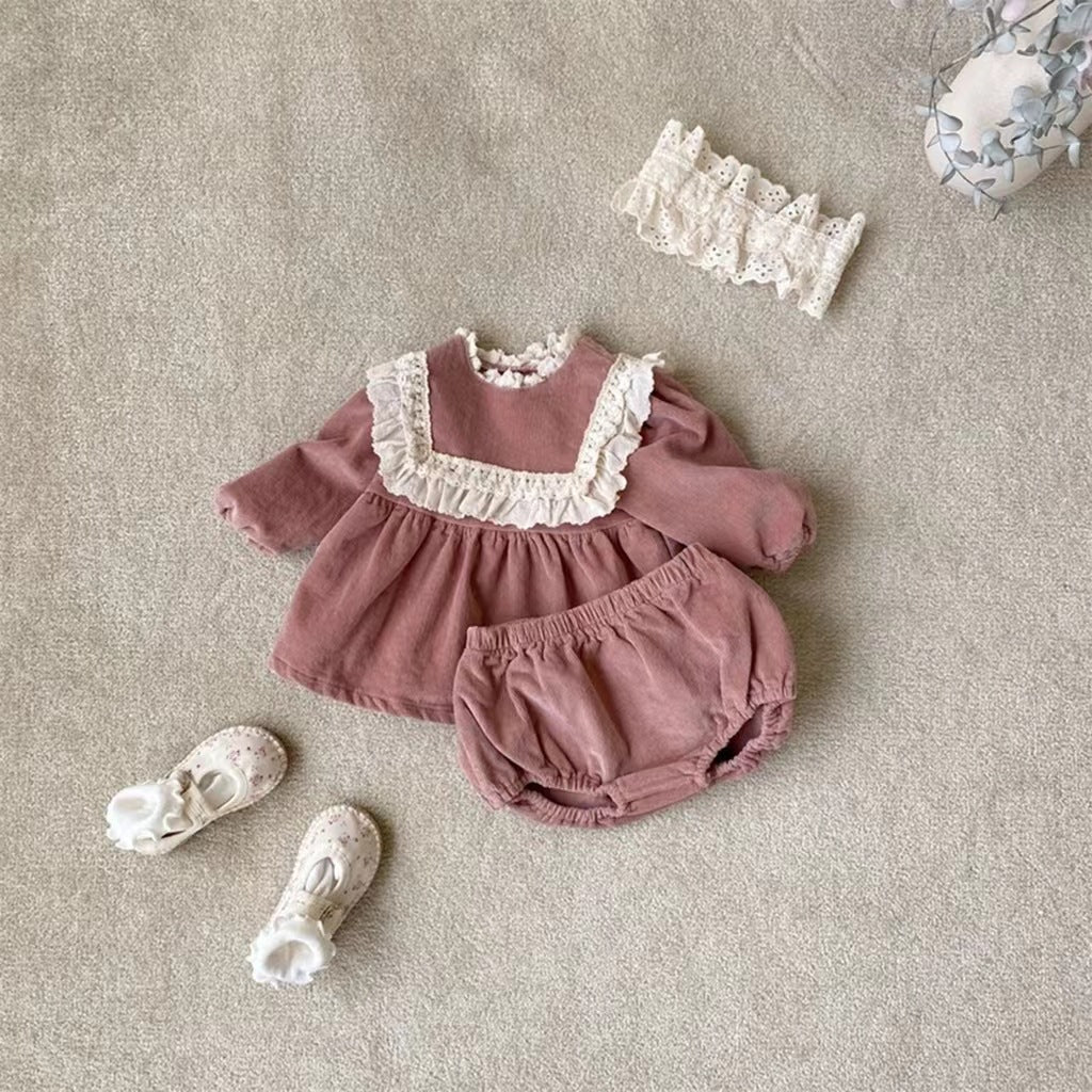 Baby Girl Corduroy Embroidered Lace Doll Shirt Big PP Bummies Shorts Set