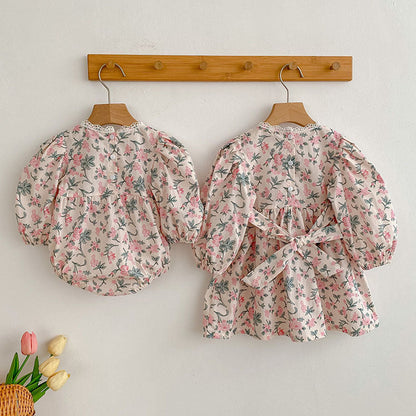 Sister Clothing Infant Floral Puff Sleeve Romper Girls Lace Collar Princess Dress