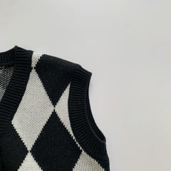 V-neck Pullover Black With White Plaid Vest For Boys And Girls