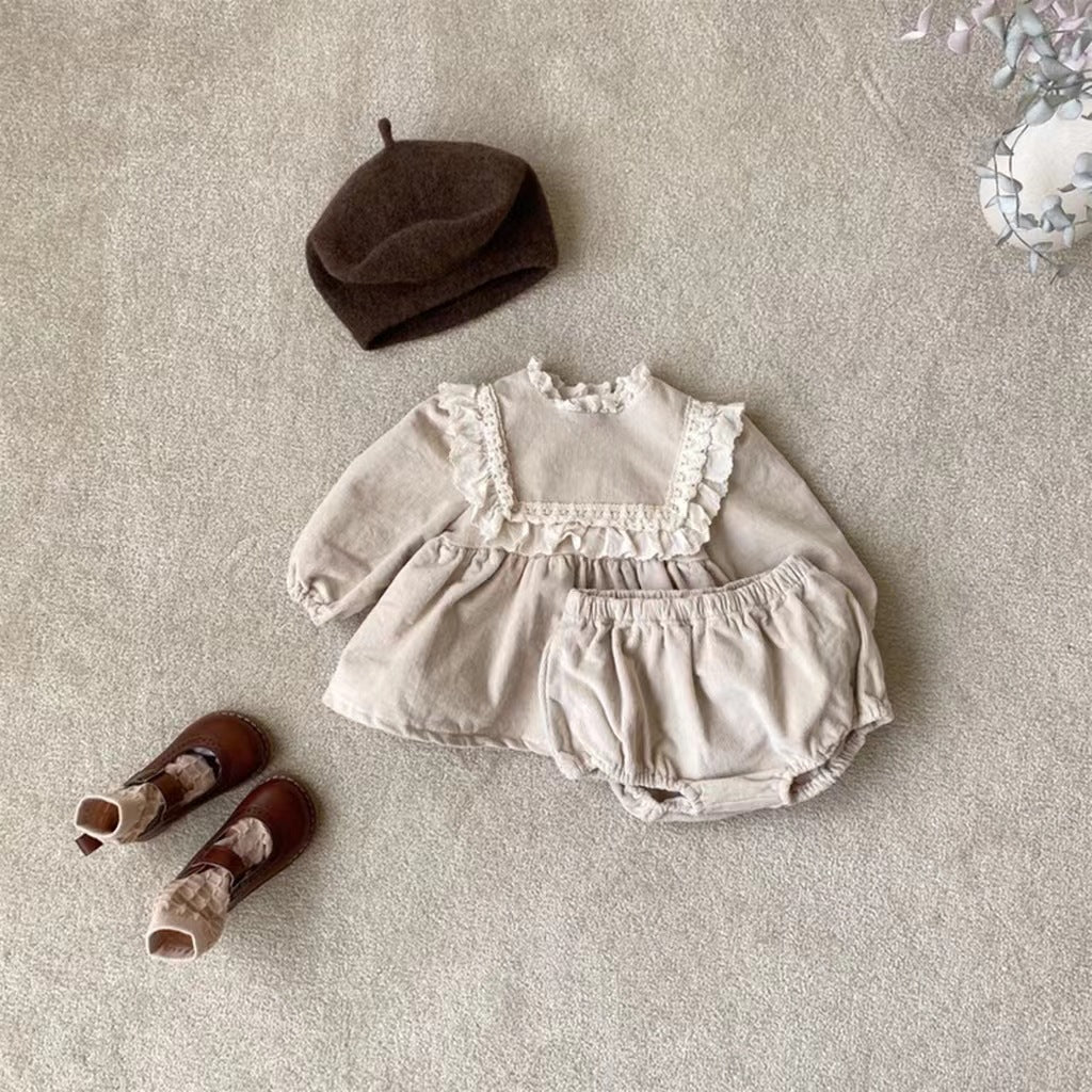 Chemise de poupée en dentelle brodée en velours côtelé pour bébé fille, ensemble de grands shorts PP Bummies