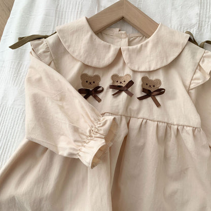 Siblings Matching Dresses Bear Embroidery Kids Dresses For Girls