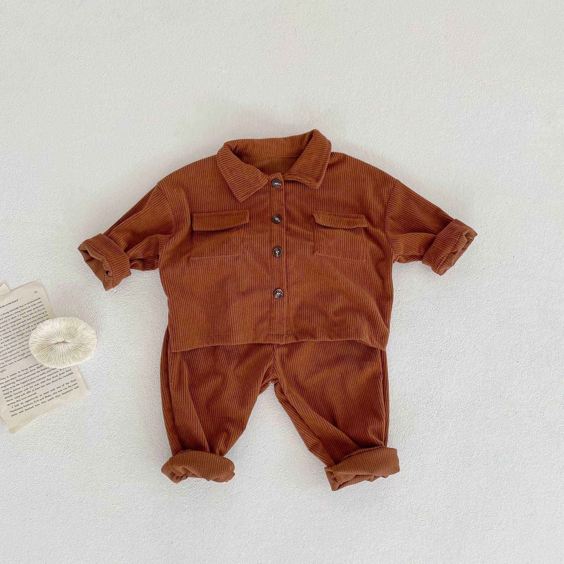 Baby Boys and Girls Lapel Cardigan Jacket + Corduroy Pants 2 Piece Sets