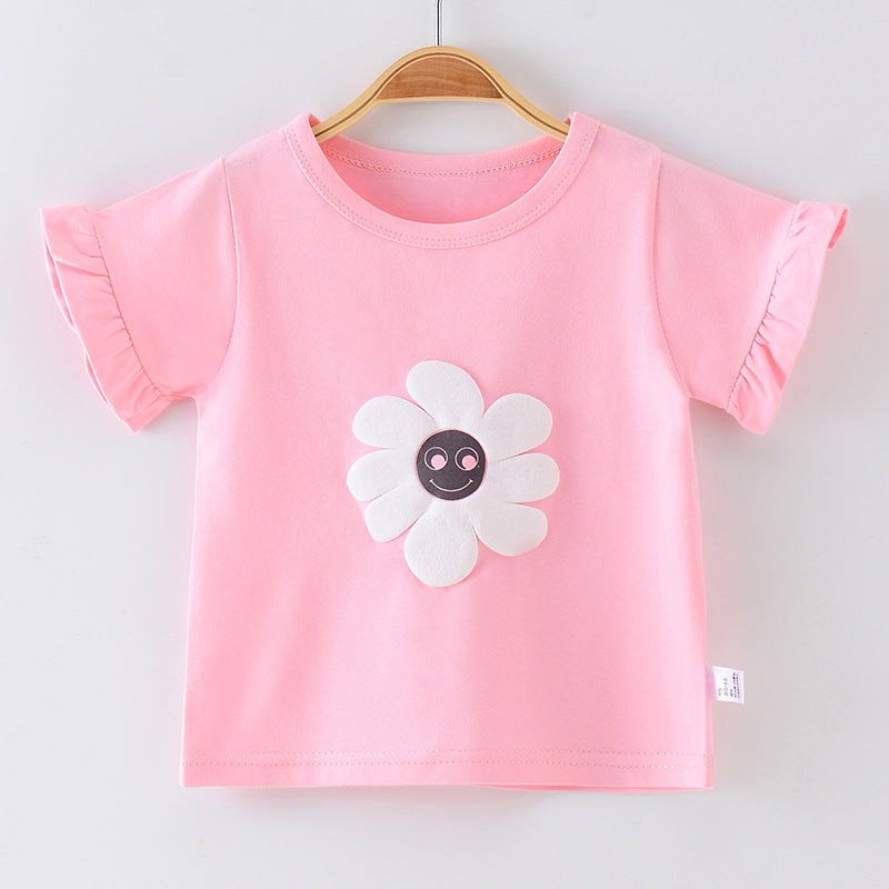 Girls' Pure Cotton Flower T-Shirt Bottoming Shirt Half-Sleeved Top