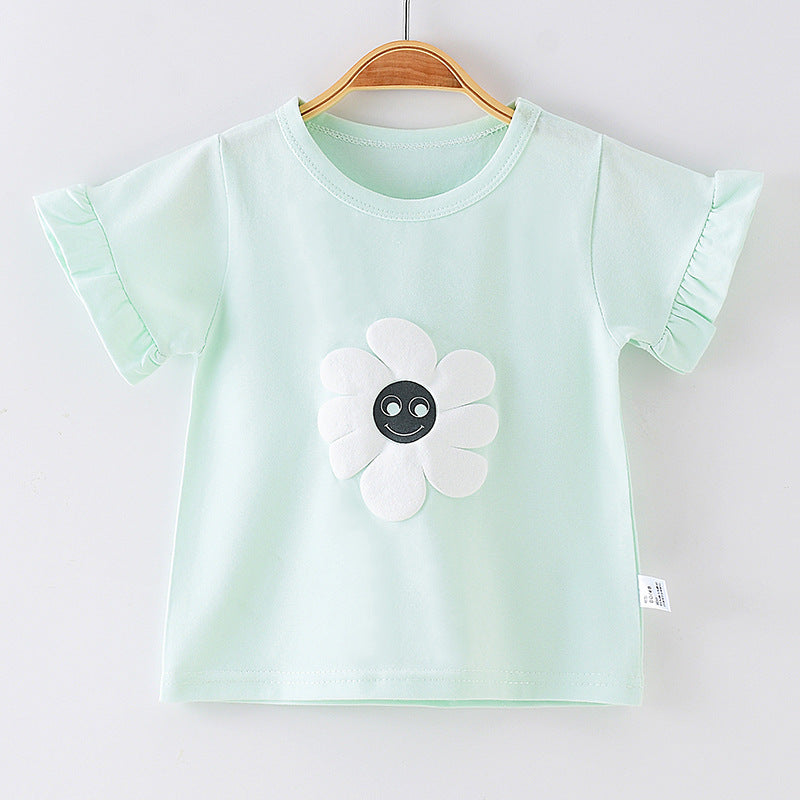 Girls' Pure Cotton Flower T-Shirt Bottoming Shirt Half-Sleeved Top