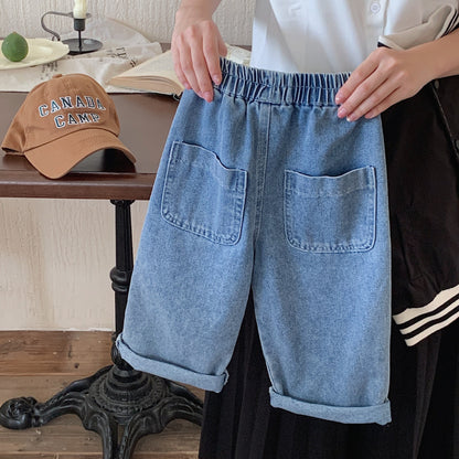 Jeans amples pour petites filles et garçons, pantalons en denim basiques à jambe droite