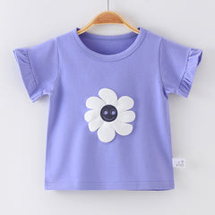 Girls' Pure Cotton Flower T-Shirt Bottoming Shirt Half-Sleeved Top