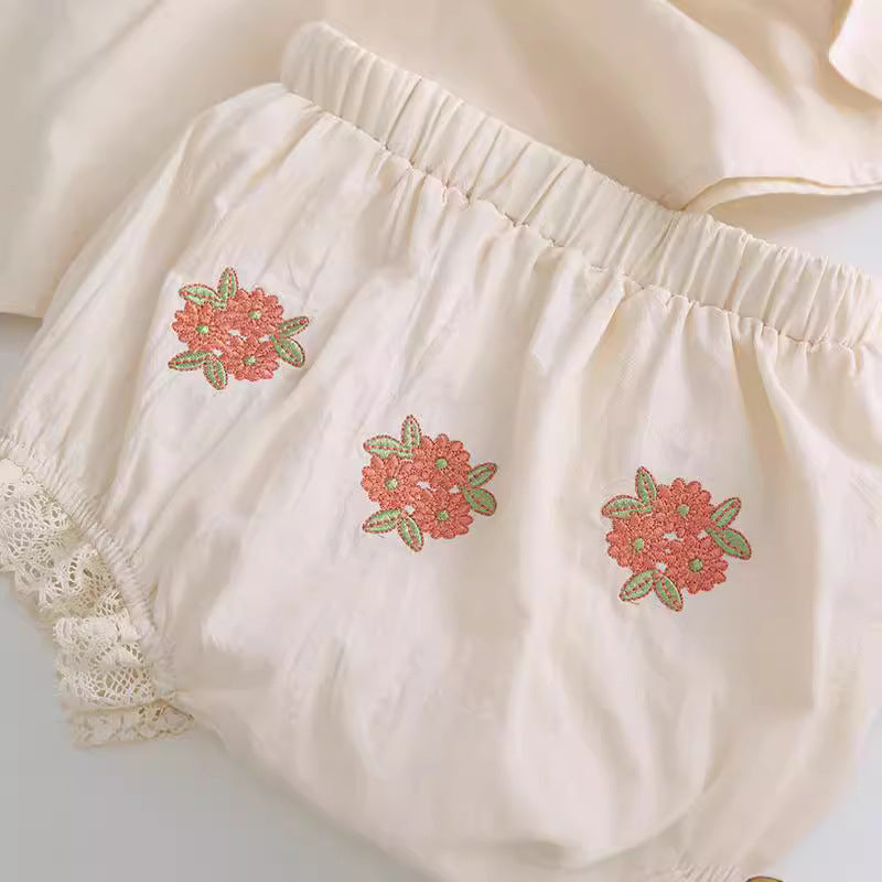 Baby Girl And Toddler Short-Sleeved Tops And Pants Embroidered Suit