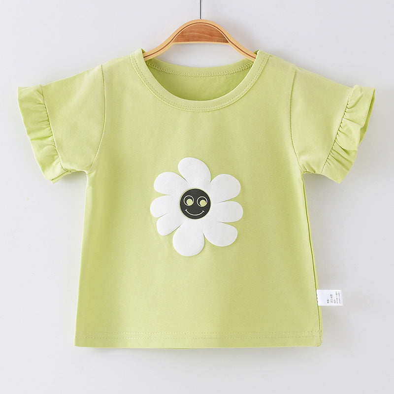 Girls' Pure Cotton Flower T-Shirt Bottoming Shirt Half-Sleeved Top