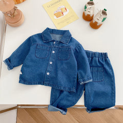 Vêtements en jean pour bébés filles et garçons, ensemble avec haut boutonné et pantalon en jean bleu foncé