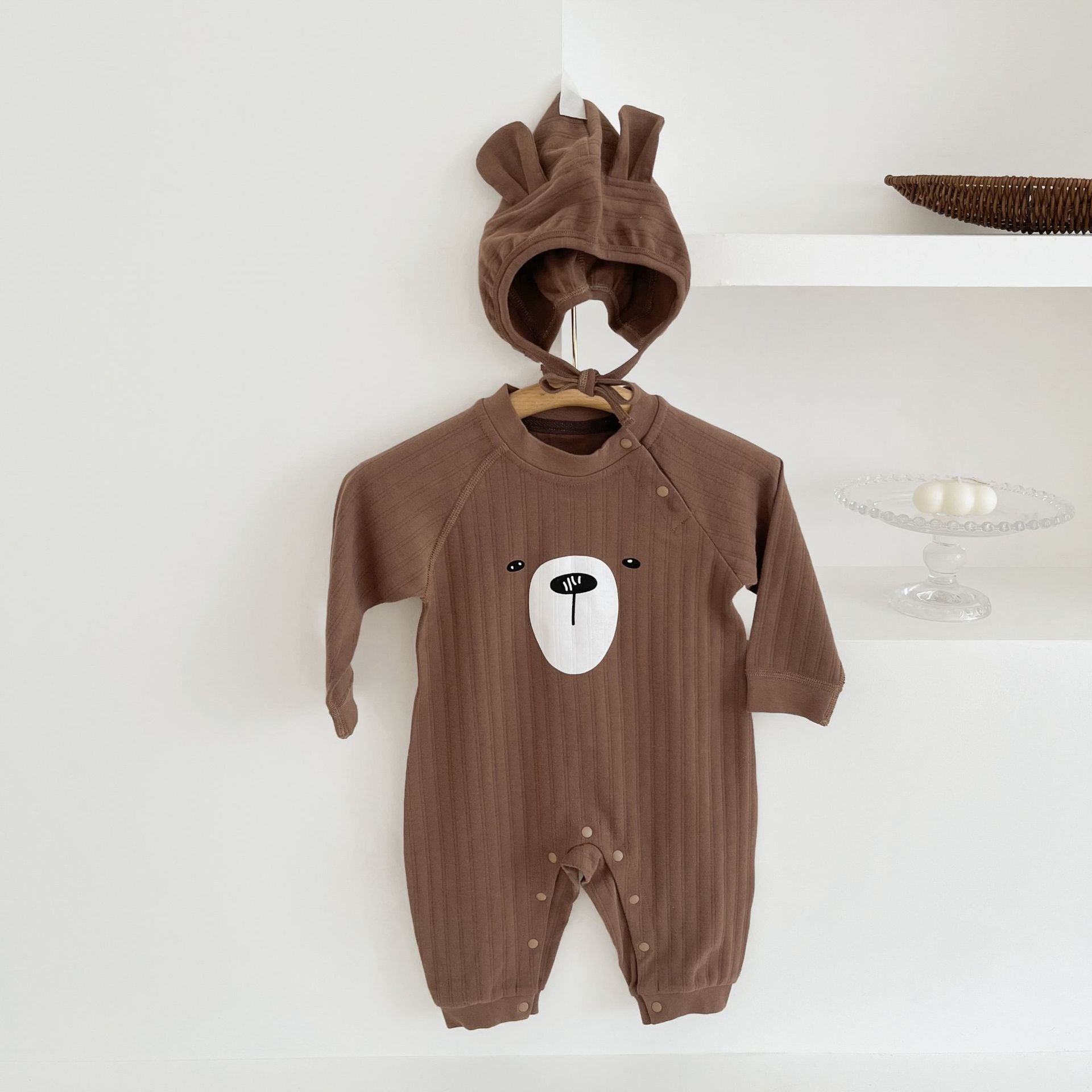 Ensemble 2 pièces pour bébé, barboteuse à manches longues et chapeau, ours mignon, printemps-automne