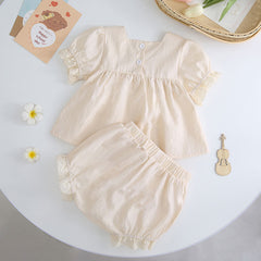 Baby Girl And Toddler Short-Sleeved Tops And Pants Embroidered Suit