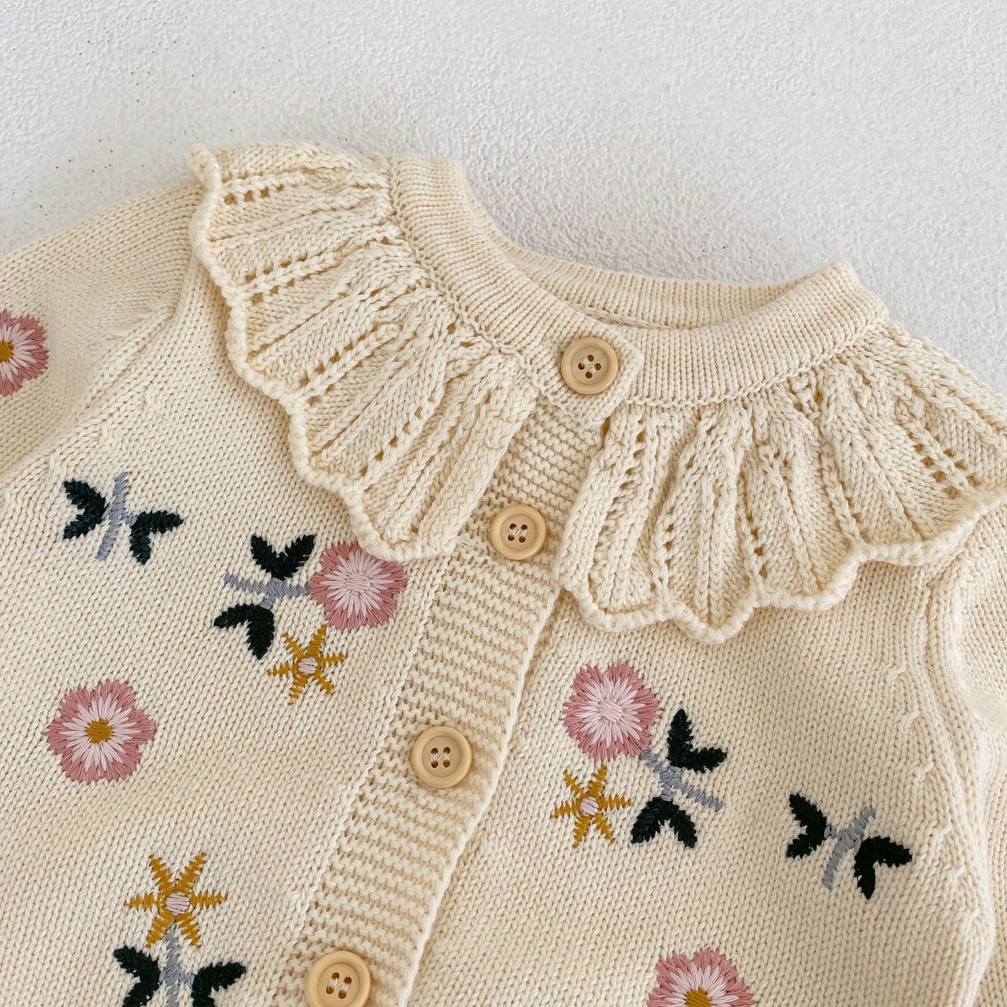 Spring and Autumn Girls' Versatile Flower Embroidered Lotus Leaf Collar Knitted Cardigan Jacket
