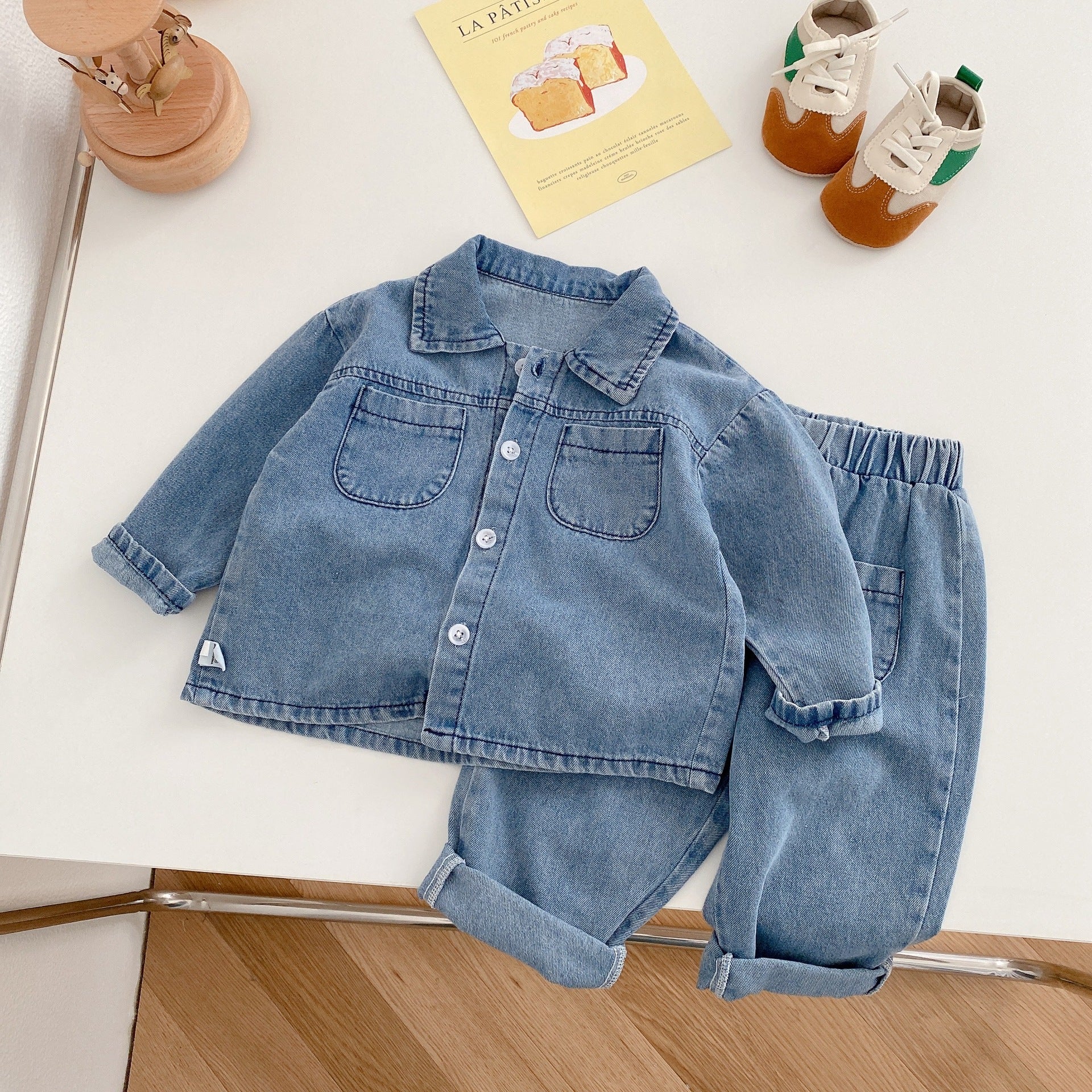 Vêtements en jean pour bébés filles et garçons, ensemble avec haut boutonné et pantalon en jean bleu foncé