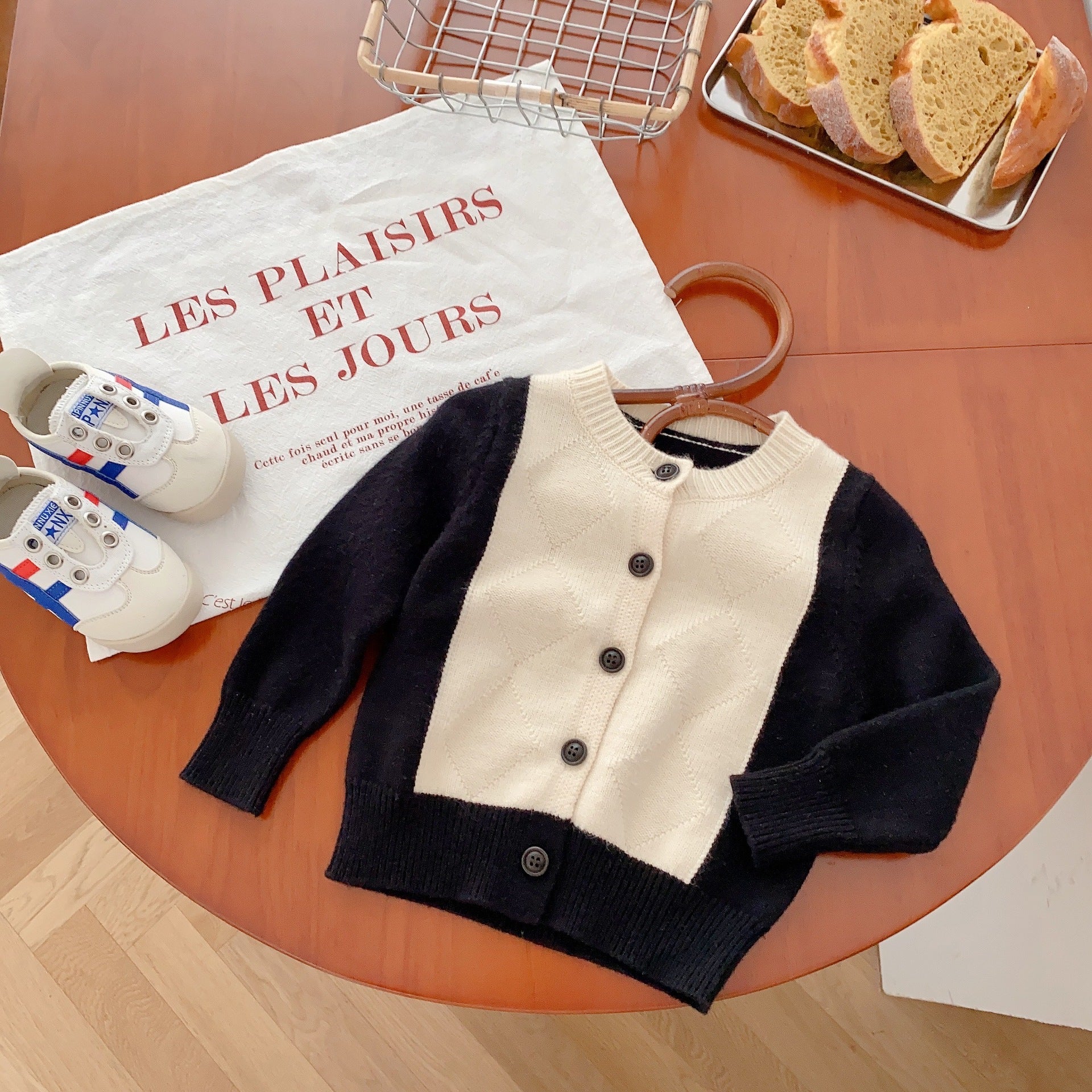 Pull chaud en tricot pour petites filles, col rond, couleur noir et blanc