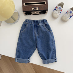 Pantalon droit en Denim élastique pour enfant en bas âge, taille moyenne, délavé, pleine longueur