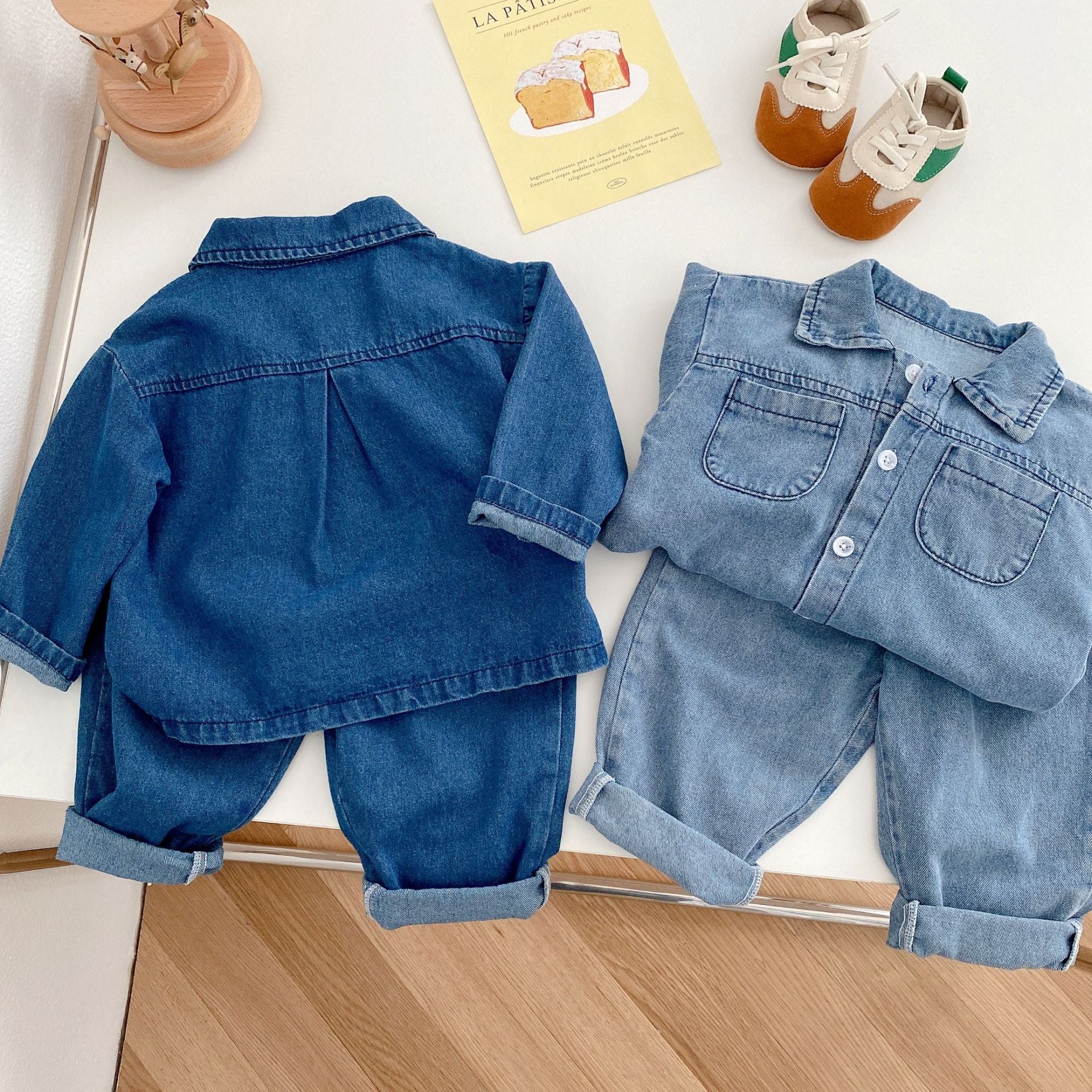 Vêtements en jean pour bébés filles et garçons, ensemble avec haut boutonné et pantalon en jean bleu foncé