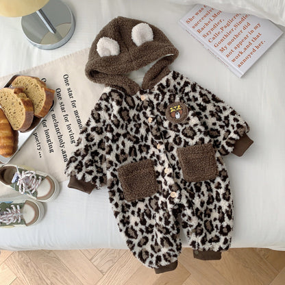 Unisex Baby Sherpa Hooded Romper Leopard Print Pocket Jumpsuit
