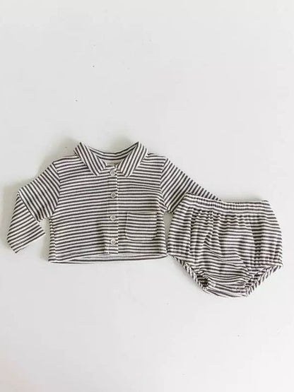 Baby Striped Waffle Lapel Cardigan Top Bummies 2 PC Sets LS001